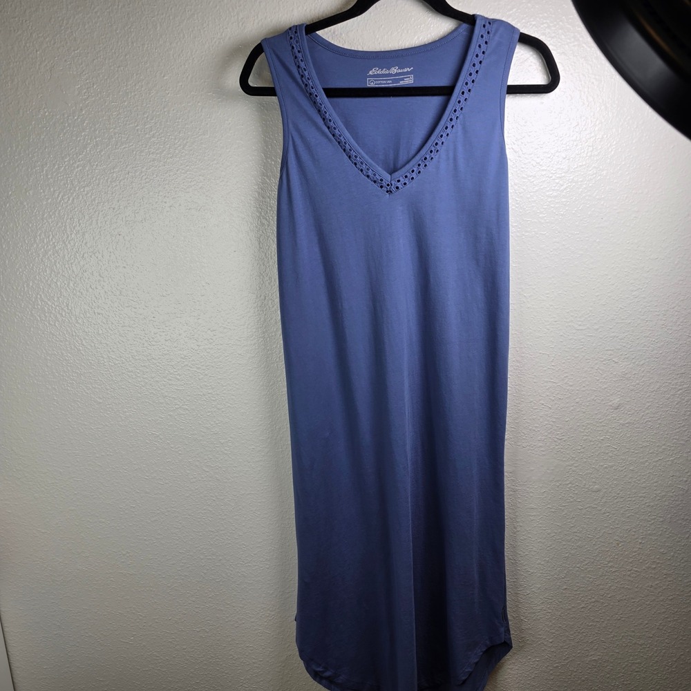 Eddie Bauer Blue Cotton Eyelet Trim V-Neck Sleeveless Shift Dress Womens Small